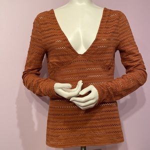 Free People Copper Burnt Orange V-neck Stretchy Long Sleeves Printed Design Top